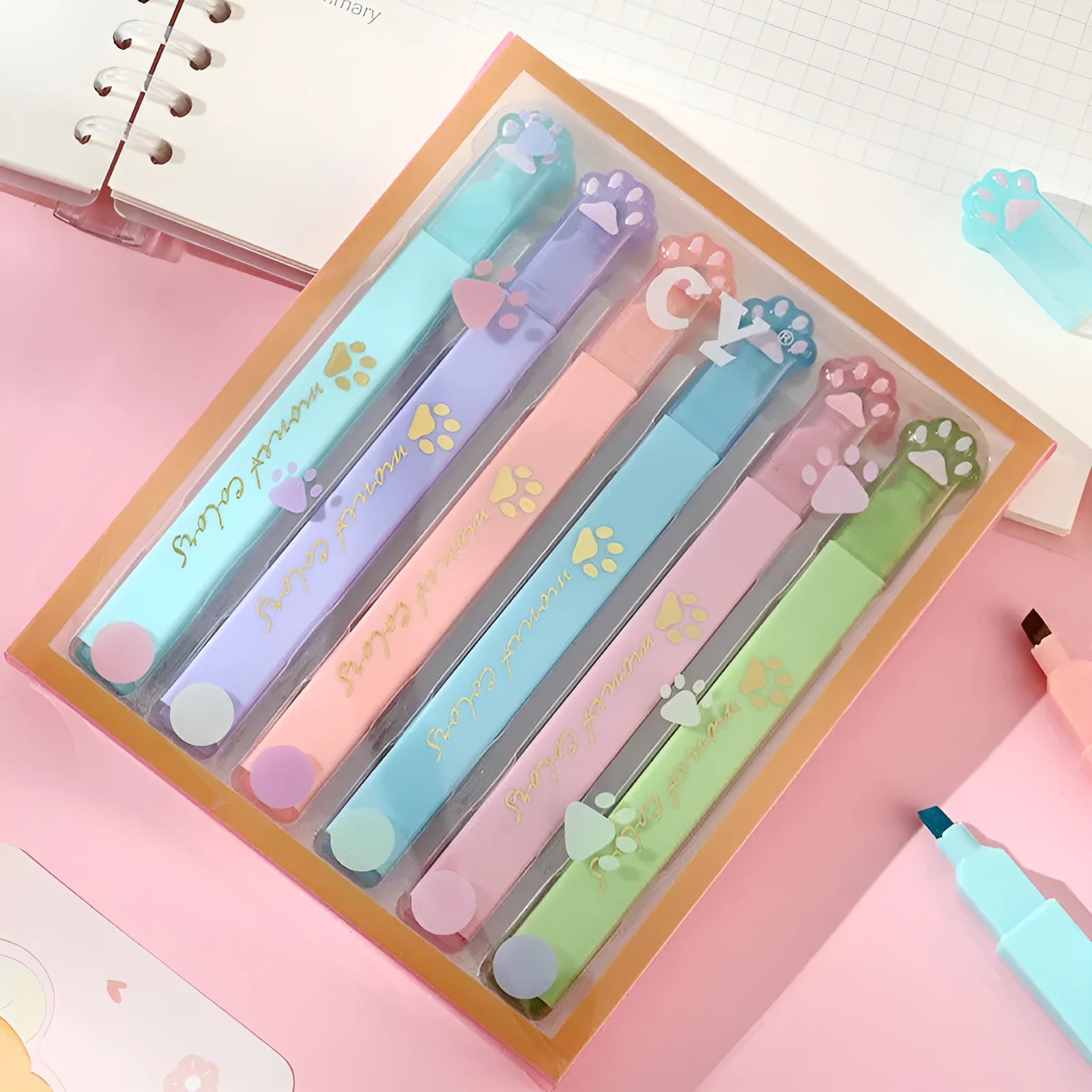 Cat's Paw set of six fluorescent marker pens with oblique nibs in a plastic storage case.