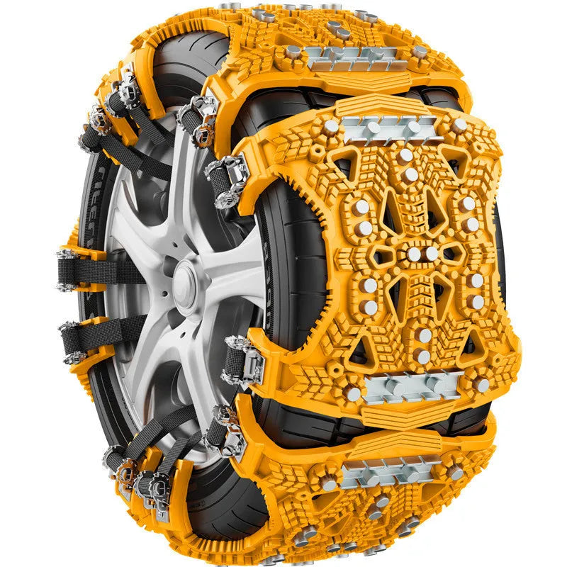 Universal snow chain kit with steel plates, tools, and winter accessories for cars and SUVs
