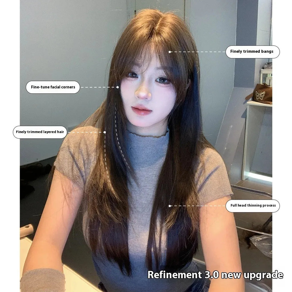 Layered long straight cold brown synthetic full-head wig with lace-style hair net