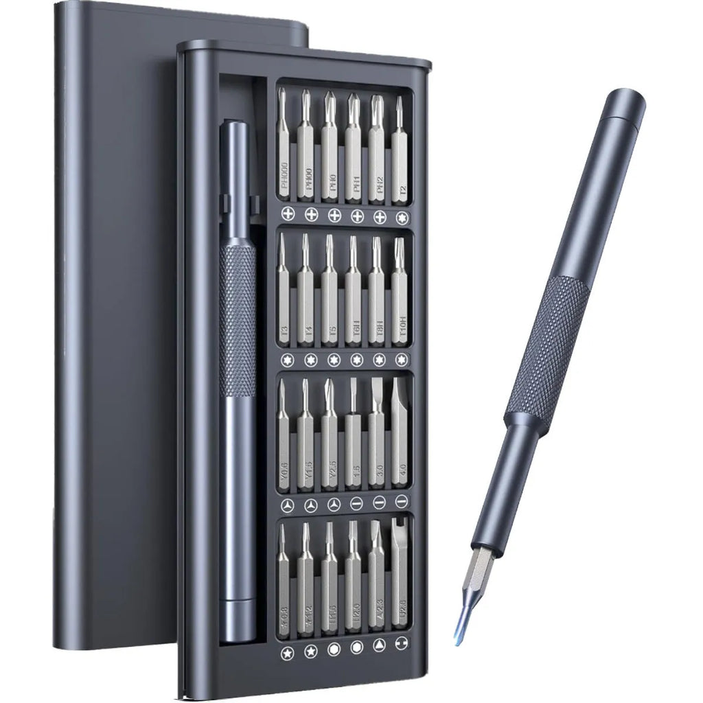 25-in-one magnetic precision screwdriver set with chrome vanadium steel shaft and black ABS handle.