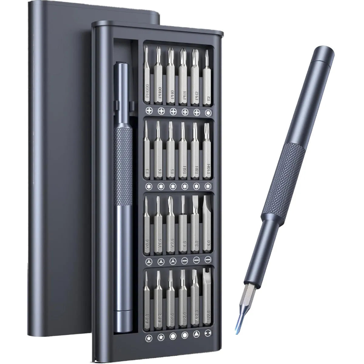 25-in-one magnetic precision screwdriver set with chrome vanadium steel shaft and black ABS handle.