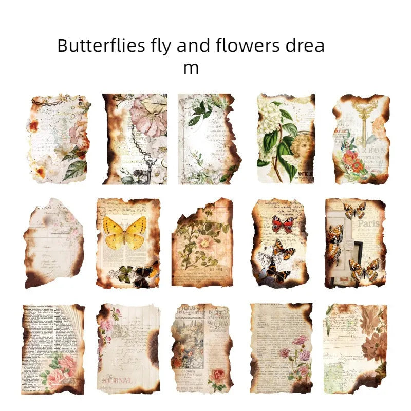 Pack of burnt vintage paper fragments for collage and scrapbooking art projects.