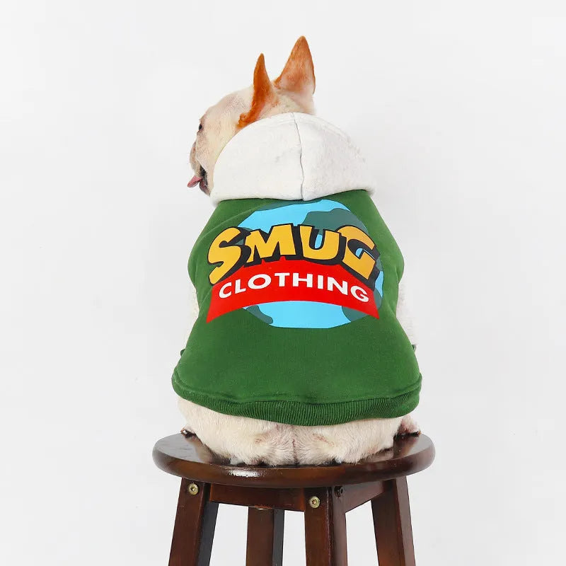 Green cotton dog clothing shown on large breed dog for autumn and winter wear