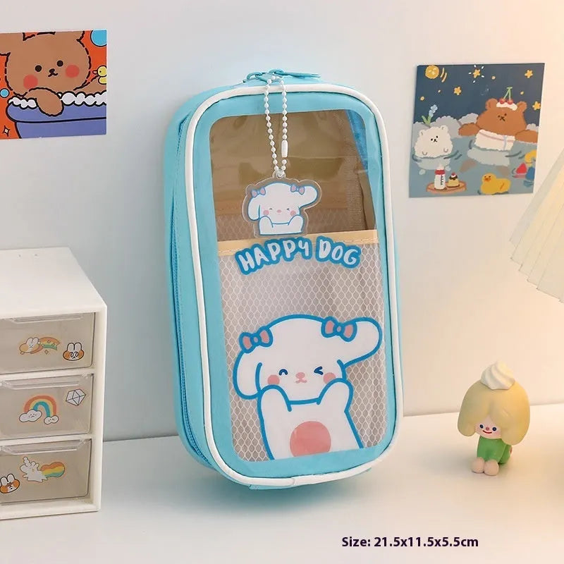 Transparent cartoon student pencil case with large capacity for stationery organisation