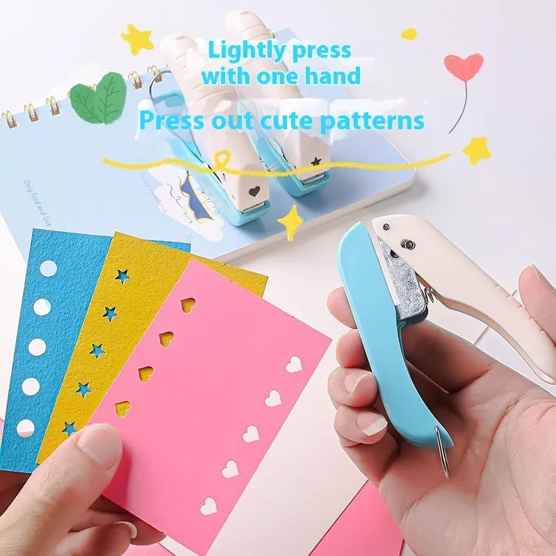 Manual punching machine with love, star, and round pattern attachments for paper crafts