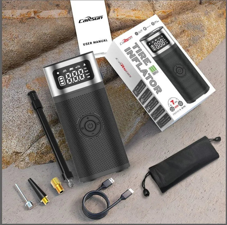 Black portable wireless air pump with 15cm tube, LED light, and multiple inflation nozzles