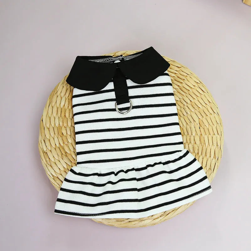 Cotton pet T-shirt and matching skirt set in summer stripes pattern for dogs or cats