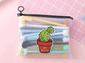 Set of twenty colourful cactus cartoon design gel pens with black ink and a matching pen case.