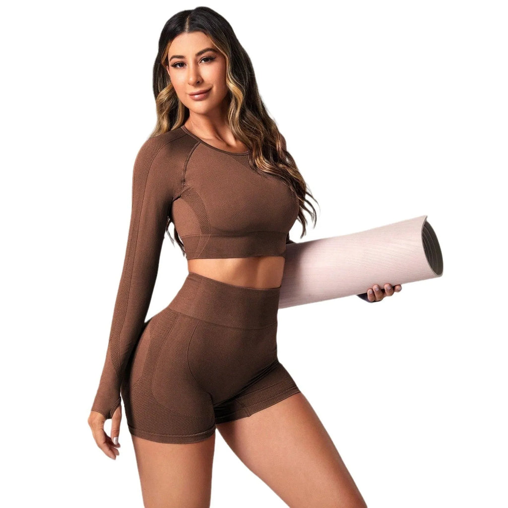 Women's yoga clothes suit in black showing high waist hip lift design with long sleeve top and pants