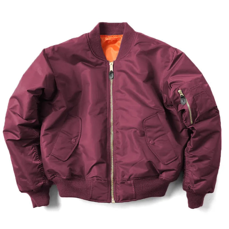 Men's army green American workwear style cotton-padded nylon jacket with a loose fit on a hanger.