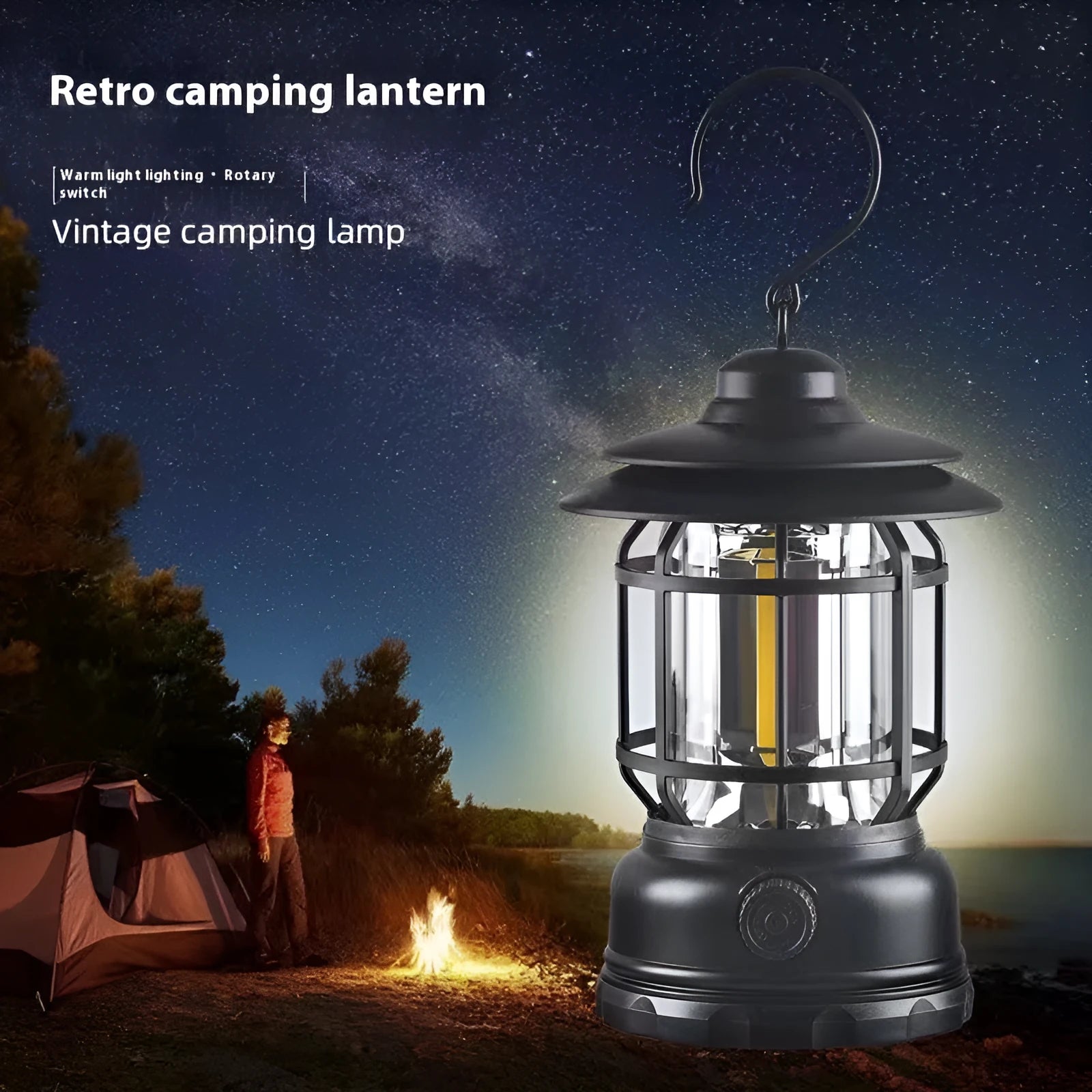 Portable dark green head lamp camping lantern shown on a table with super bright LED light on.