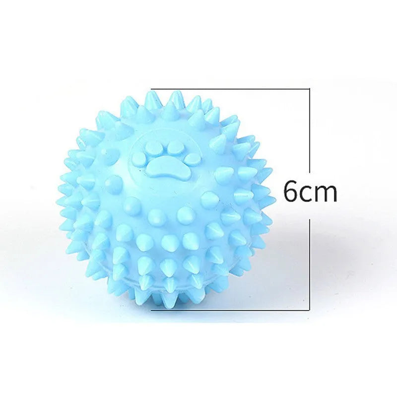 Blue TPR rubber dog chewing ball with footprint texture for tooth cleaning, 6cm diameter