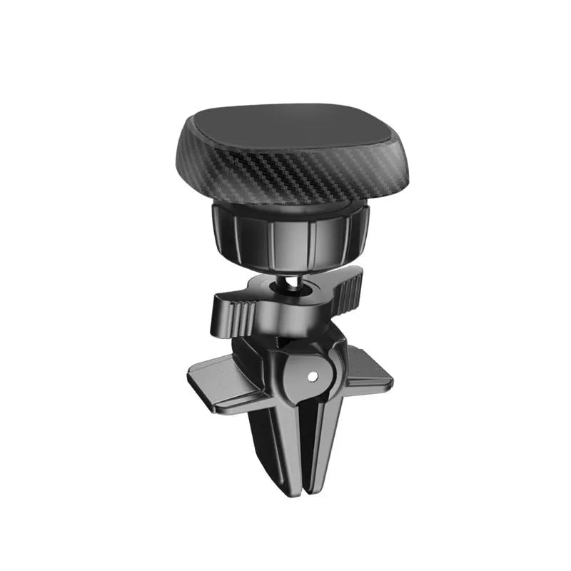 Black magnetic car phone holder mounted on vehicle air conditioning vent with smartphone attached