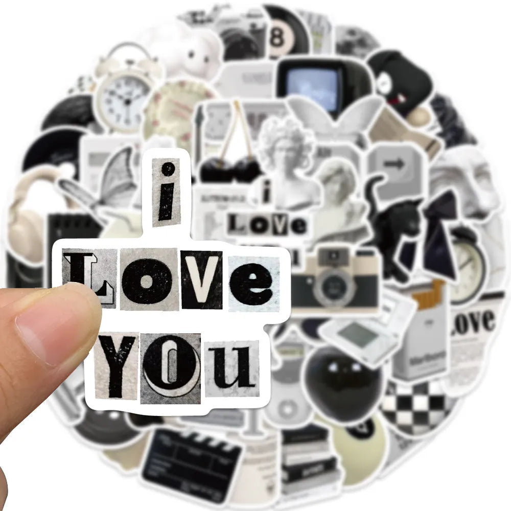 Black and white waterproof vinyl stickers pack with 61 pieces for laptop cup phone decoration