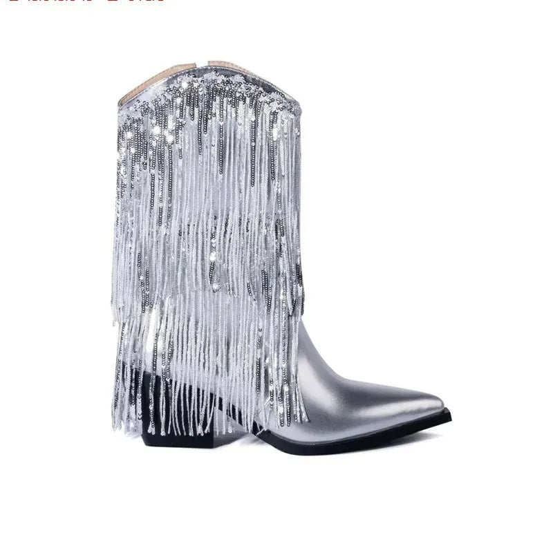 Women's black chunky high-heel ankle boots with a pointed toe and decorative tassel.