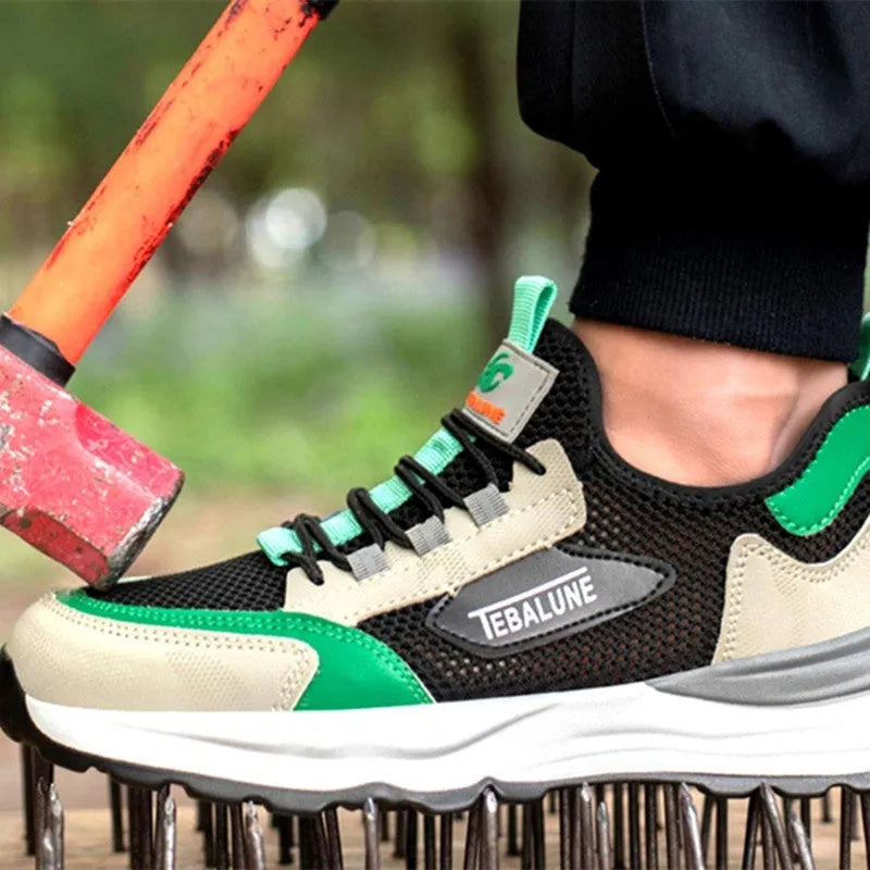 Black green steel toe safety shoes with mesh upper and plastic protective toe cap