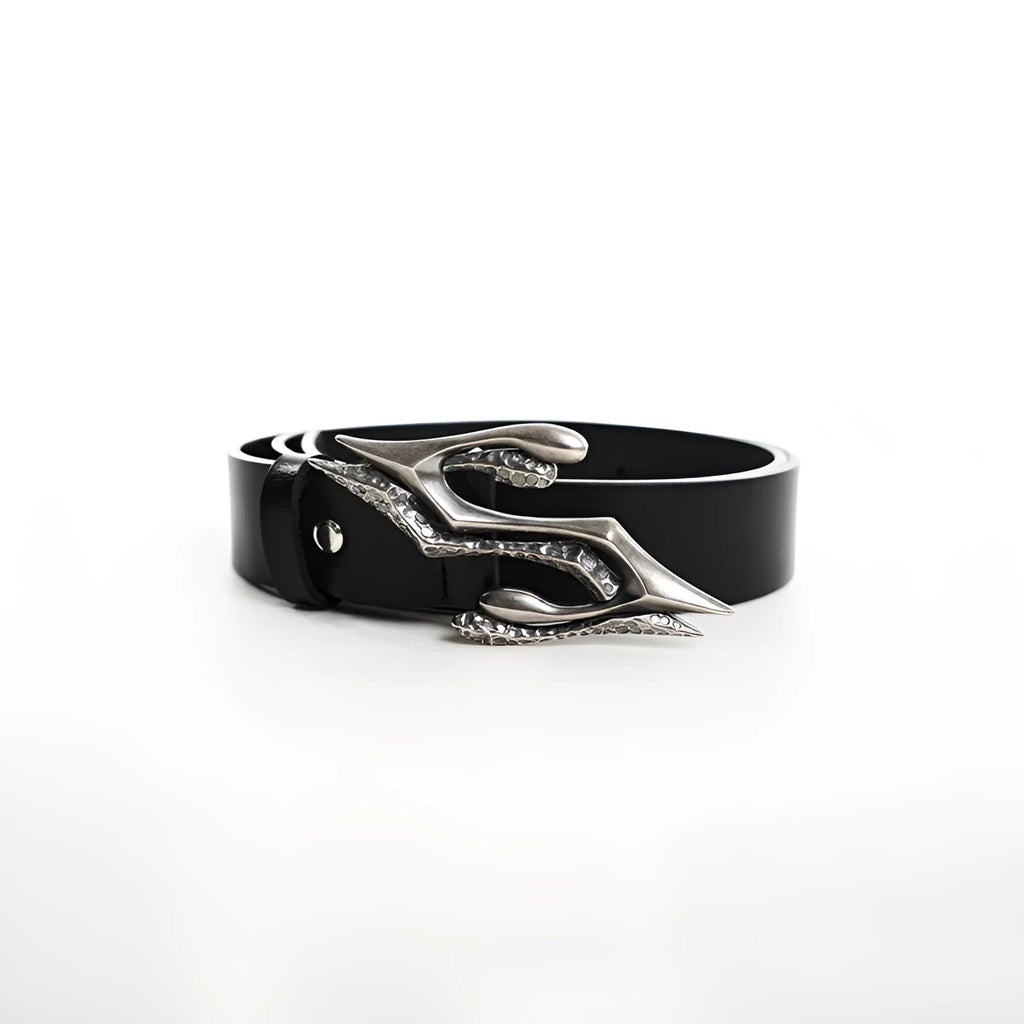 Black men's leather belt with metal letter buckle showing two-layer cowhide construction