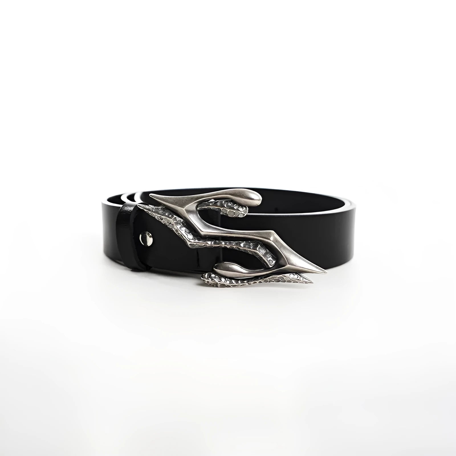 Black men's leather belt with metal letter buckle showing two-layer cowhide construction