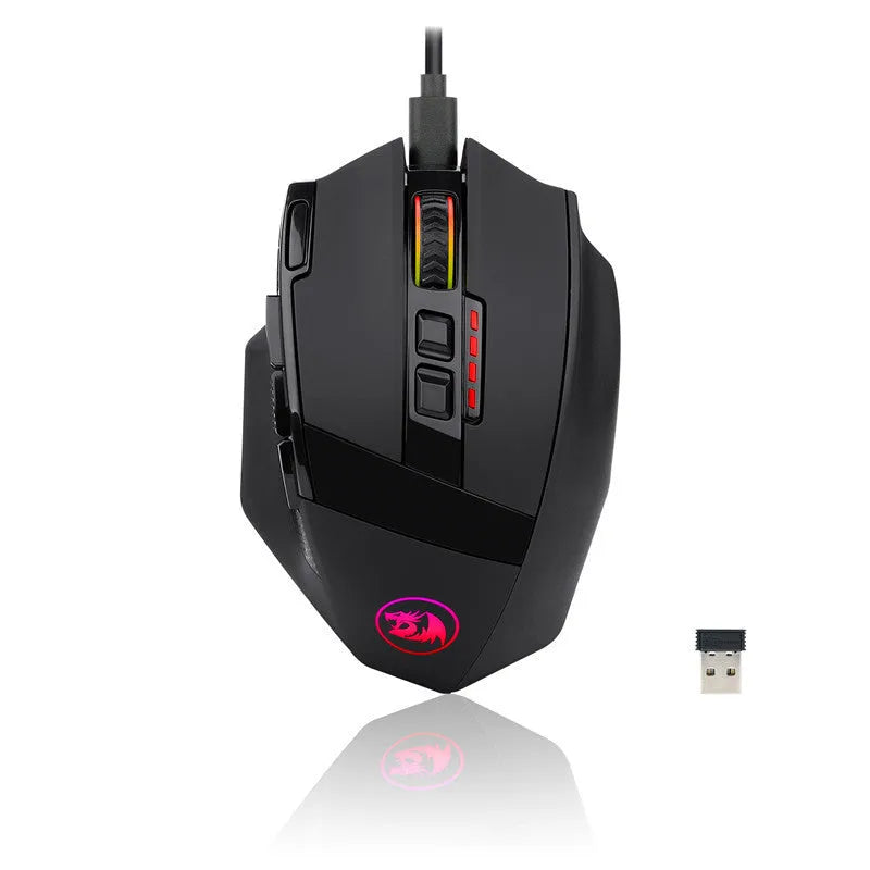 Black Redragon M801P dual mode gaming mouse with nine programmable buttons and ergonomic design