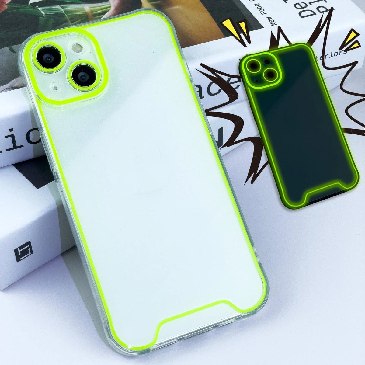 Glow in the dark Christmas phone case for iPhone in green, orange, blue, yellow, pink colours.