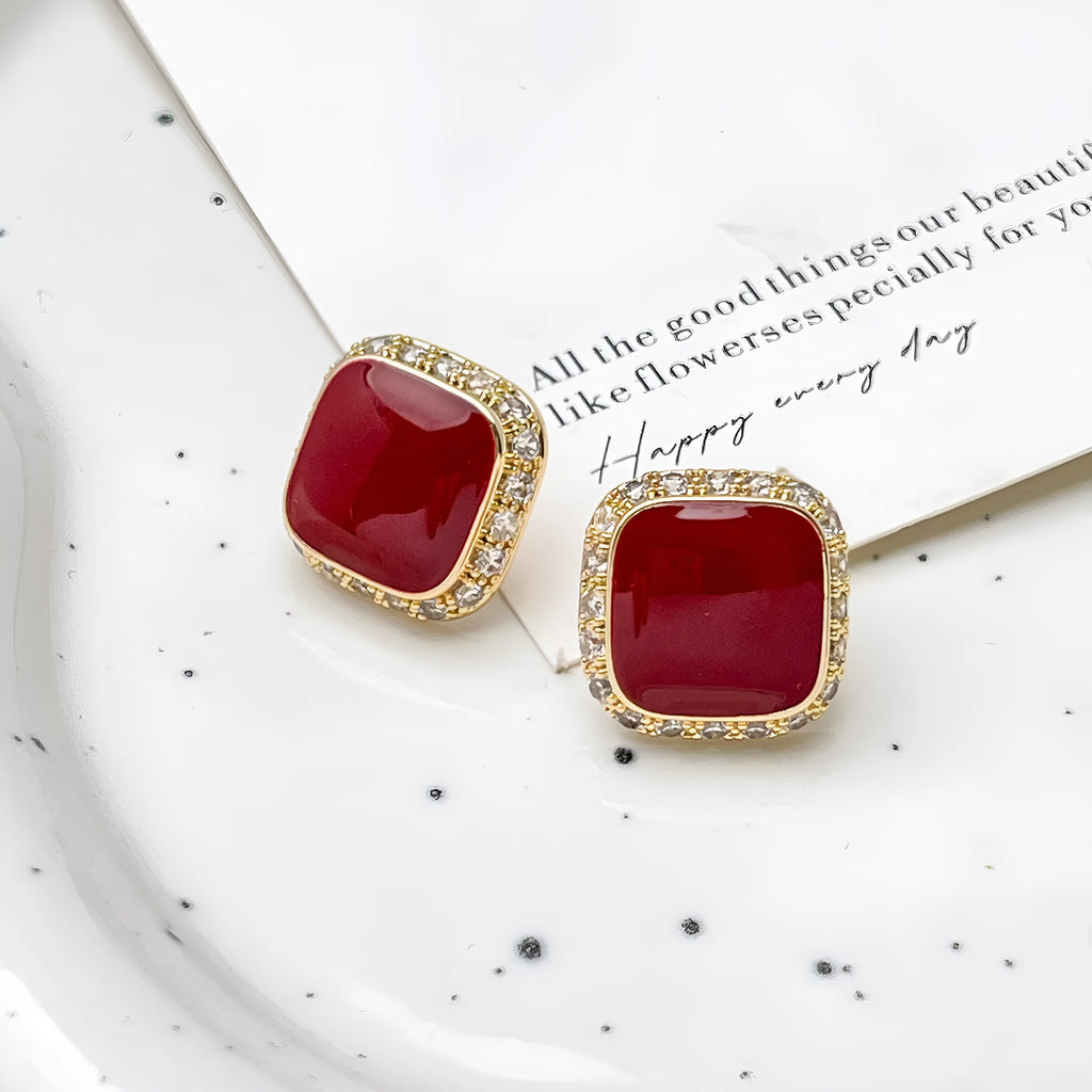 Red square geometric alloy earrings with retro design and stud backing