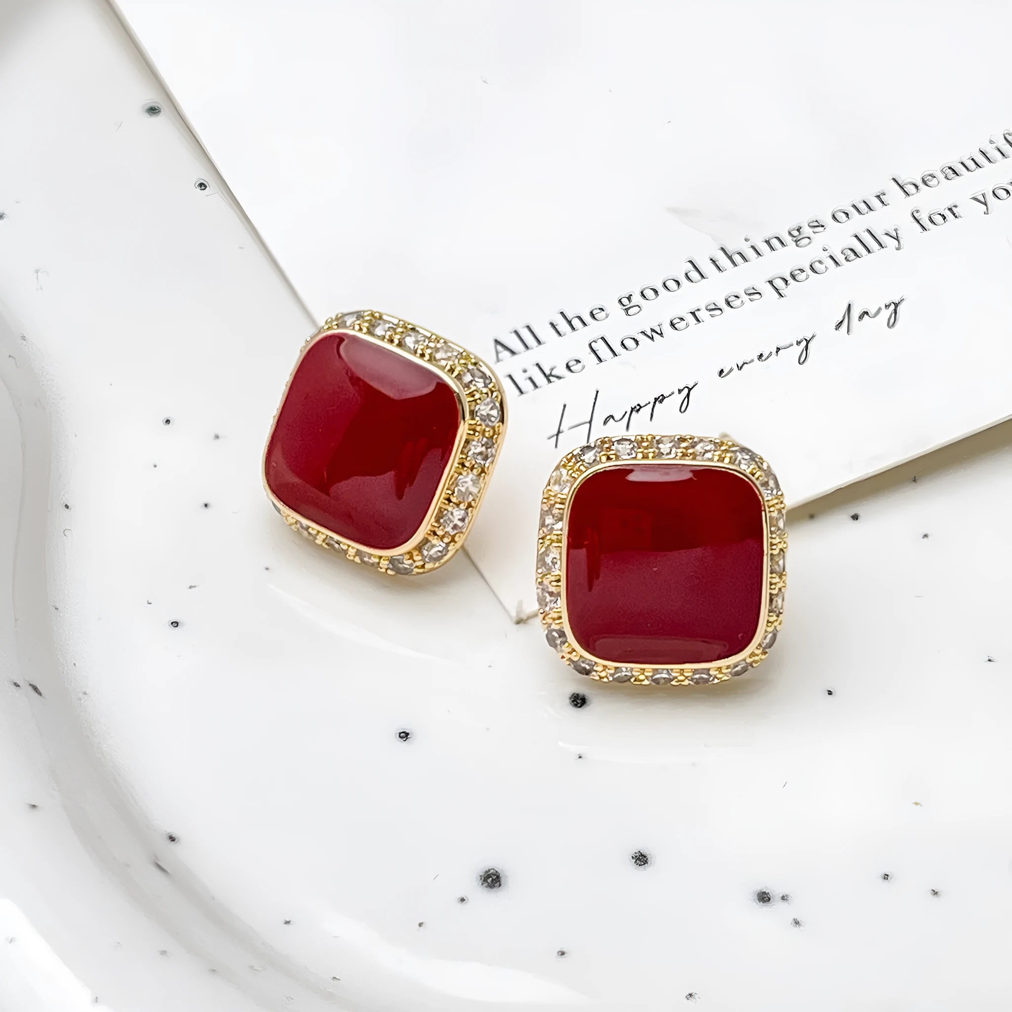 Red square geometric alloy earrings with retro design and stud backing
