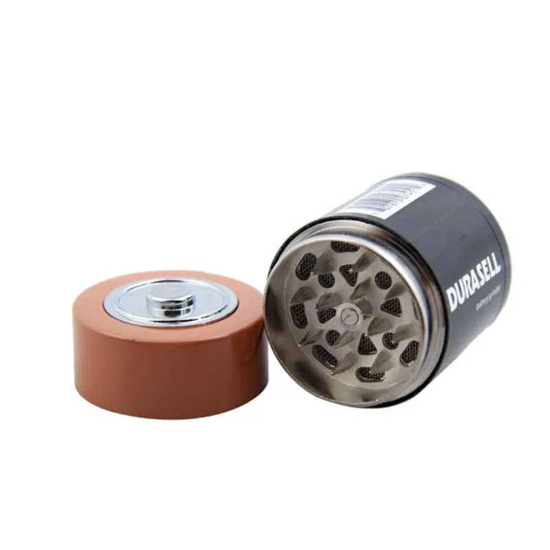 Black zinc alloy battery-shaped grinder, 55mm, with keychain and bottle opener