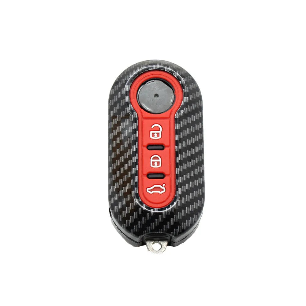 Fiat 500 Boyue ABS plastic remote key shell in black, red, and dark blue with carbon fibre style pattern.
