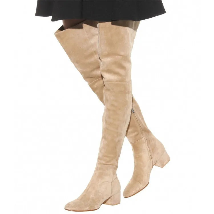 Grey suede women's flat over-the-knee boots with pointed toe and low thick heel