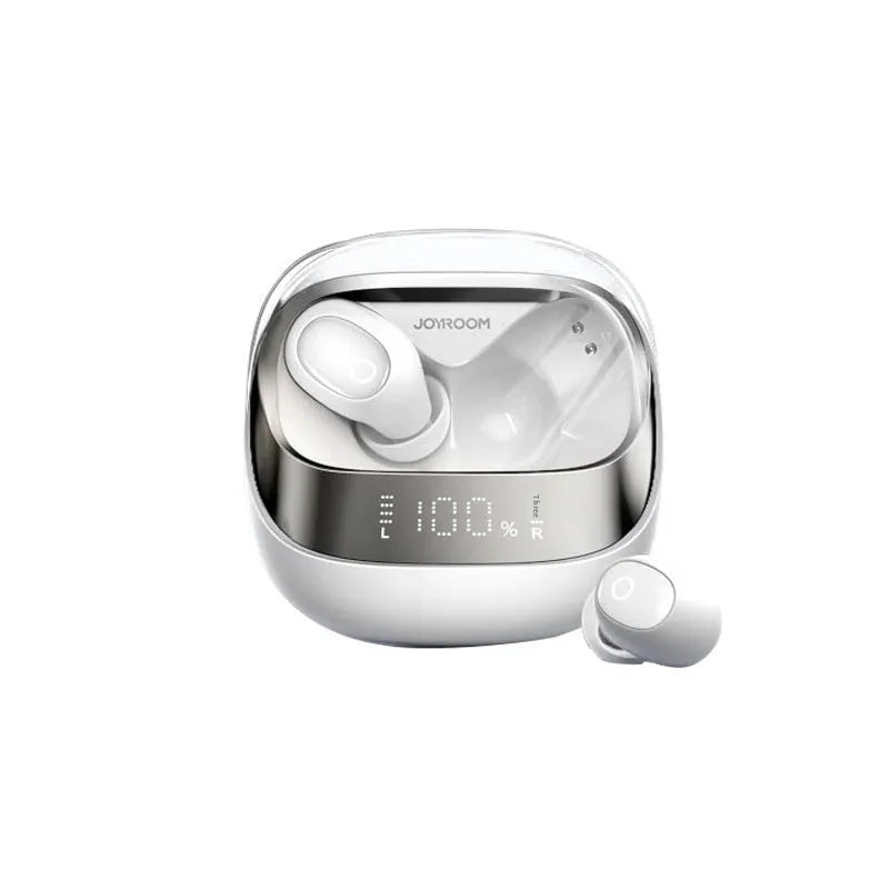 Dawn white wireless Bluetooth in-ear headphones with a compact charging case on a neutral background.