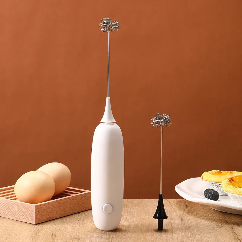 Hand-held electric milk frother blender in black or white colour with modern simplicity design