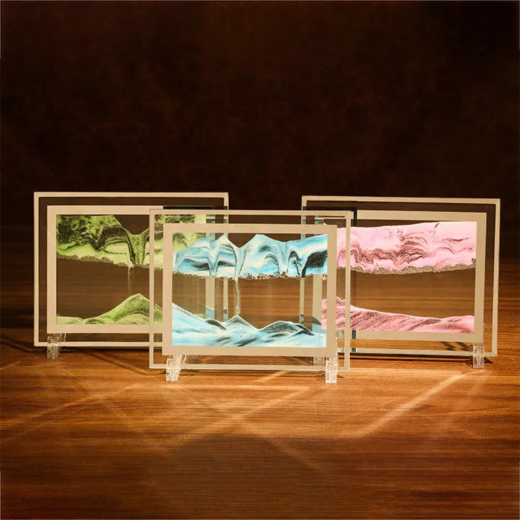 Geometric glass quicksand painting ornament displaying flowing sand patterns