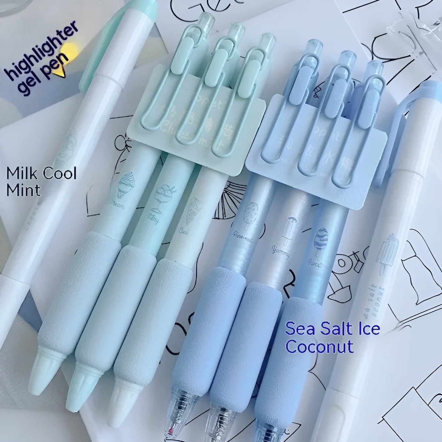 Set of four double-headed calligraphy pens with 0.5mm tips and sponge press nibs in cheese mint and sea salt colours
