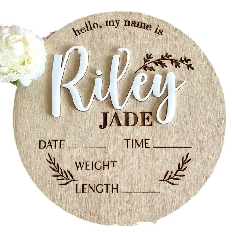 Square wooden baby birth plaque with laser-engraved name and details