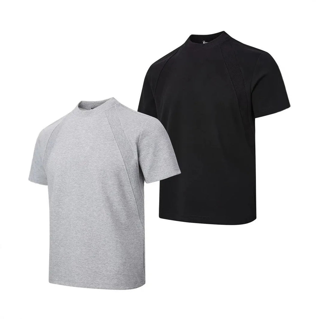 Loose grey short sleeve top with air layer stitching on a hanger.