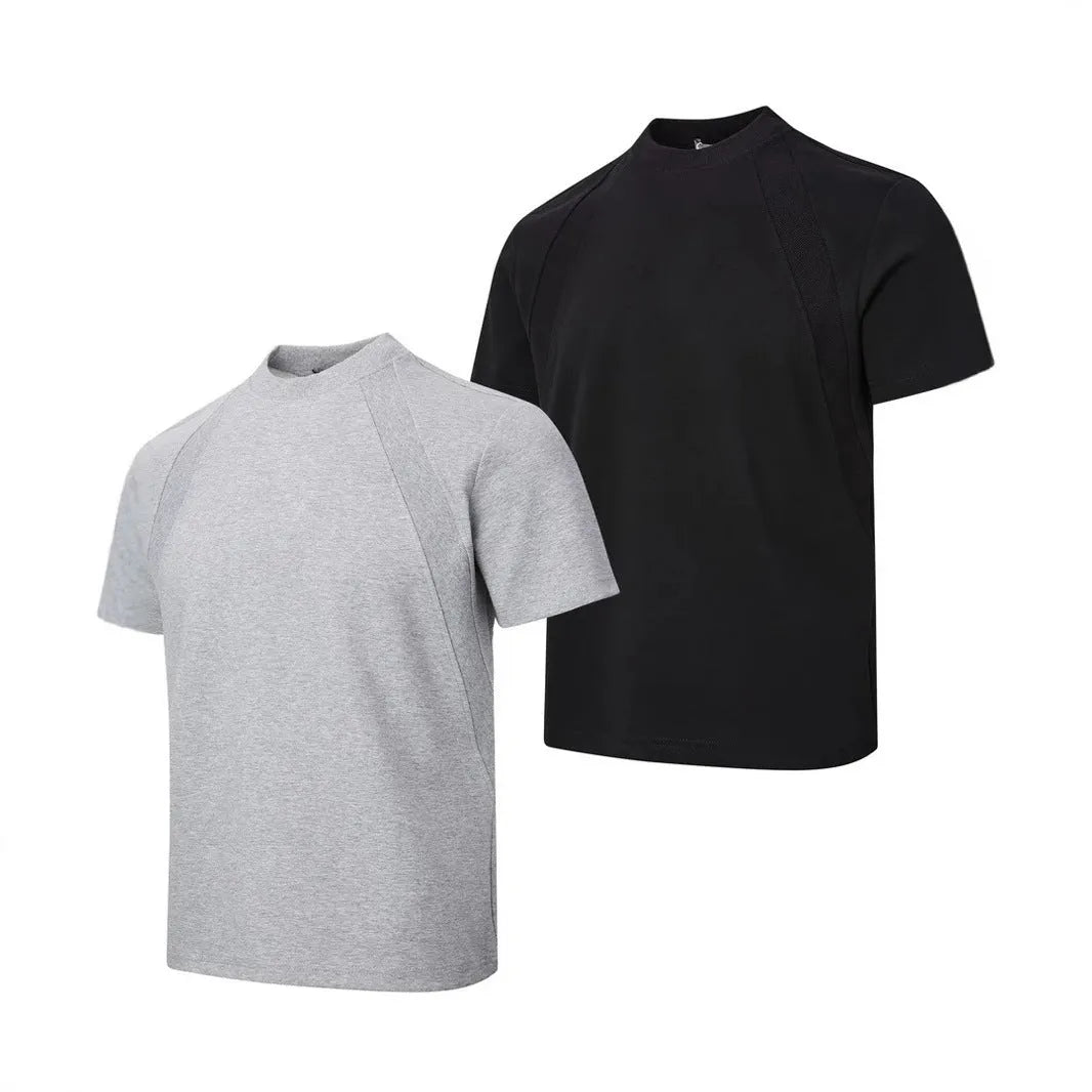 Loose grey short sleeve top with air layer stitching on a hanger.