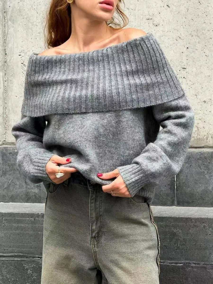 Grey off-the-shoulder acrylic sweater with 3D pattern, regular sleeves, and strapless design