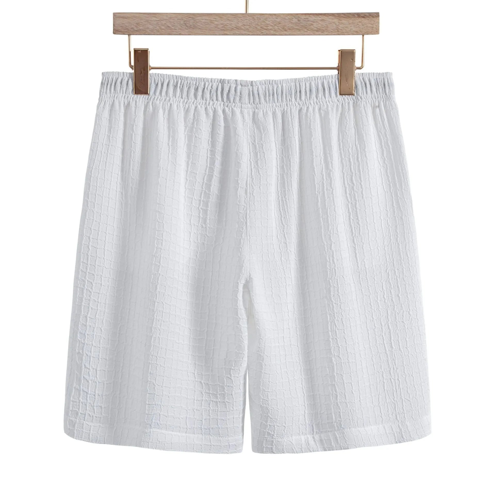 Men wearing black cotton blend jacard short sleeve shirt and matching shorts casual two piece suit