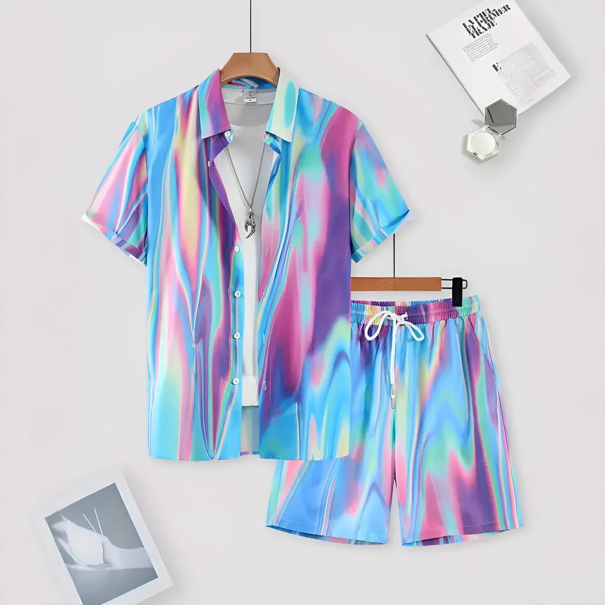 Men's wild print short sleeve shirt and shorts set in picture style colour, no hood, sizes S to 4XL