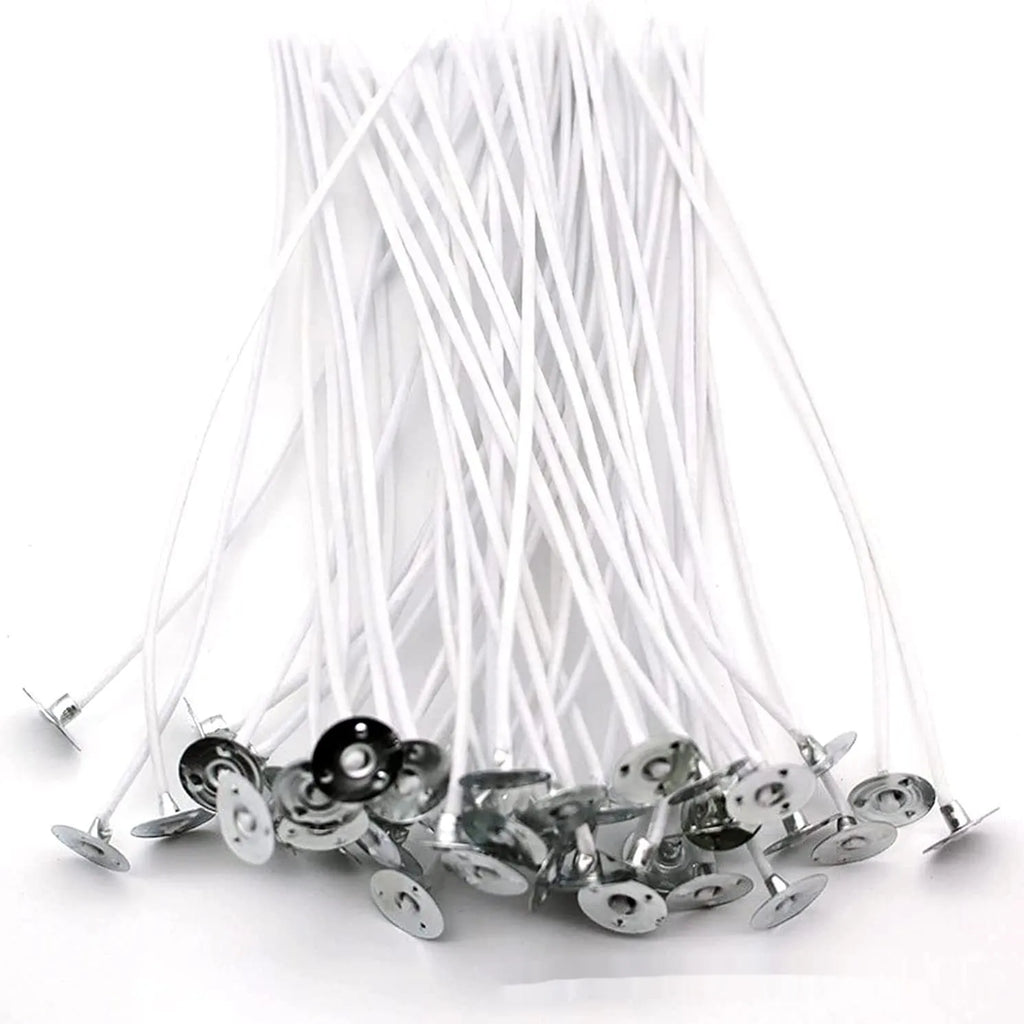 White cotton candle wicks showing tightly woven core construction in three length specifications