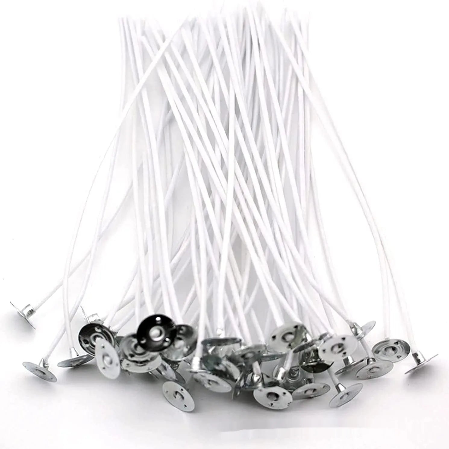 White cotton candle wicks showing tightly woven core construction in three length specifications