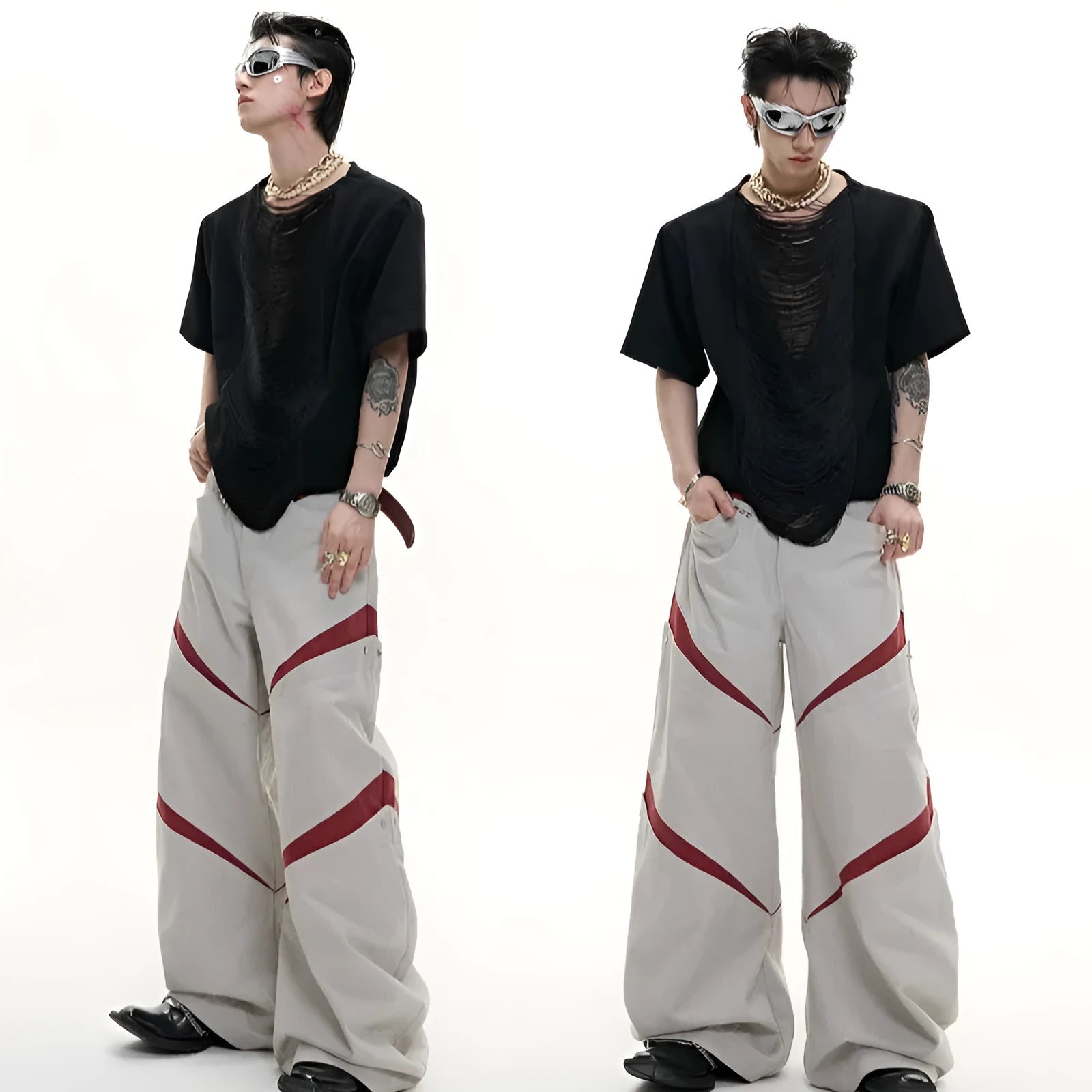 Black men's V-neck loose T-shirt with short sleeves and tassel detail