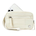 Women's waterproof quilted nylon handbag with transparent deck in beige colour