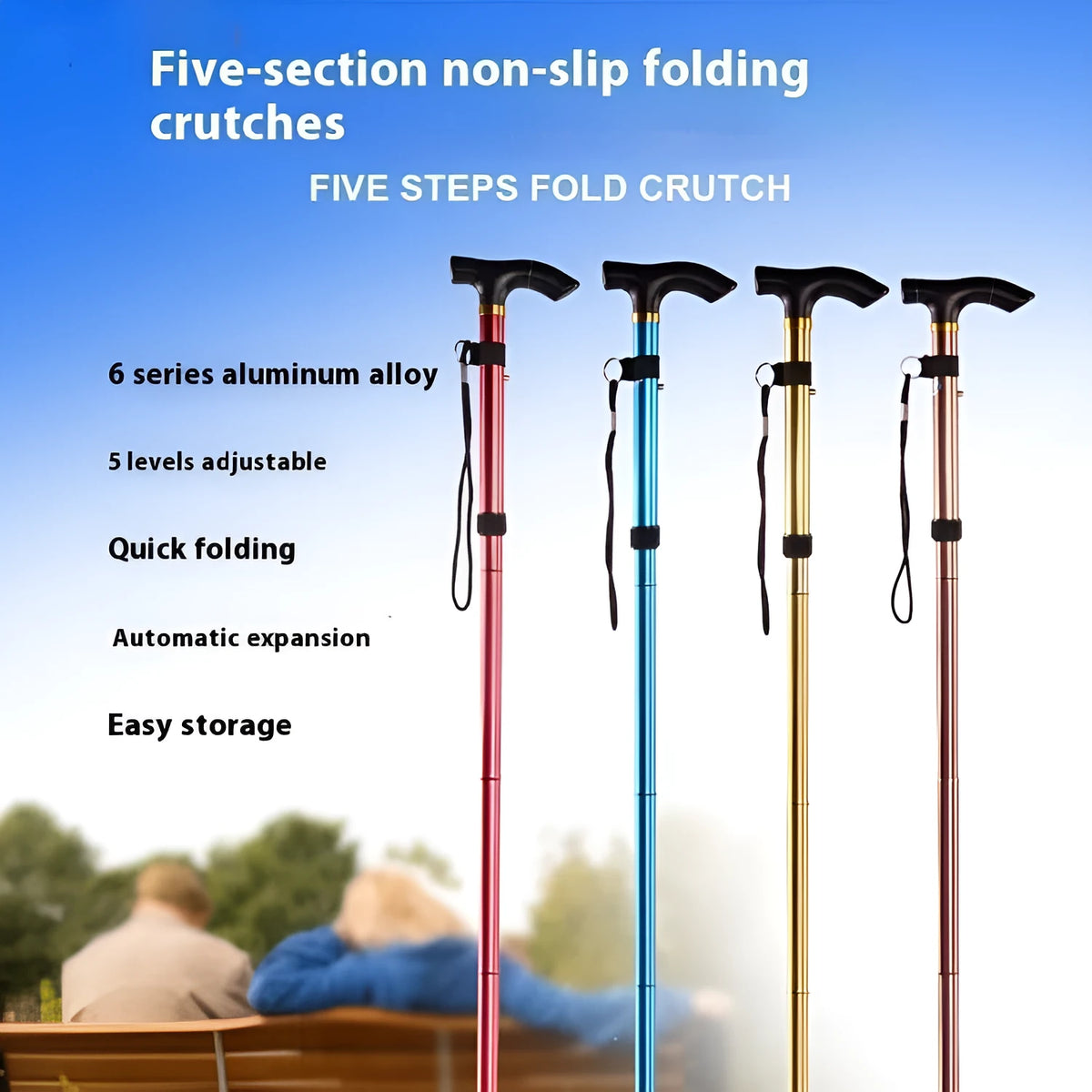 Aluminium folding walking stick with adjustable height and non-slip rubber tip