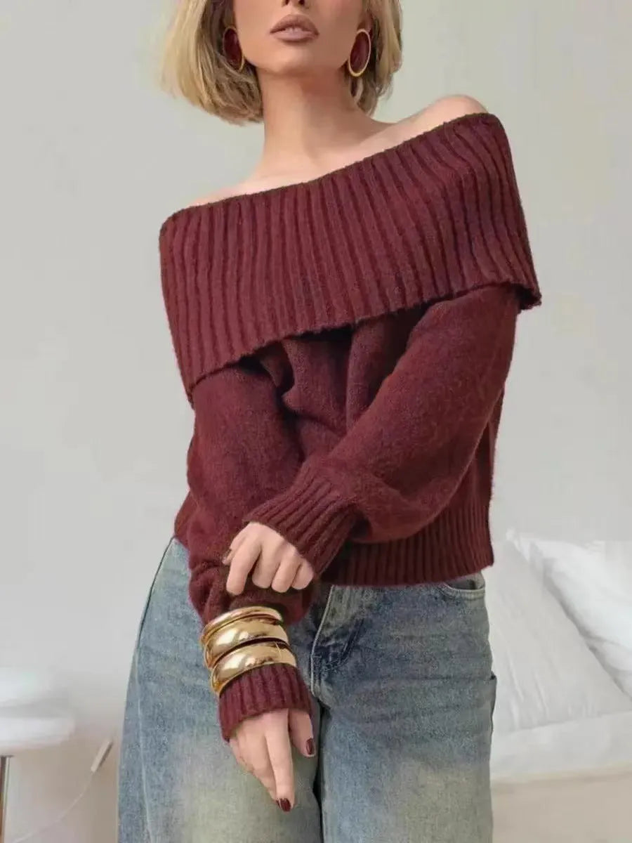 Grey off-the-shoulder acrylic sweater with 3D pattern, regular sleeves, and strapless design