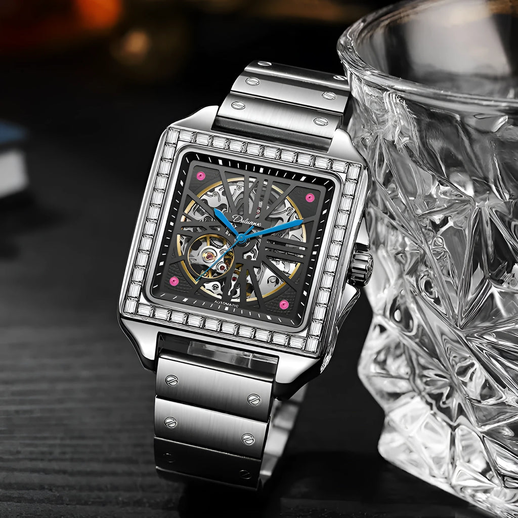 Square diamond-studded automatic men's watch with business style and stainless steel bracelet