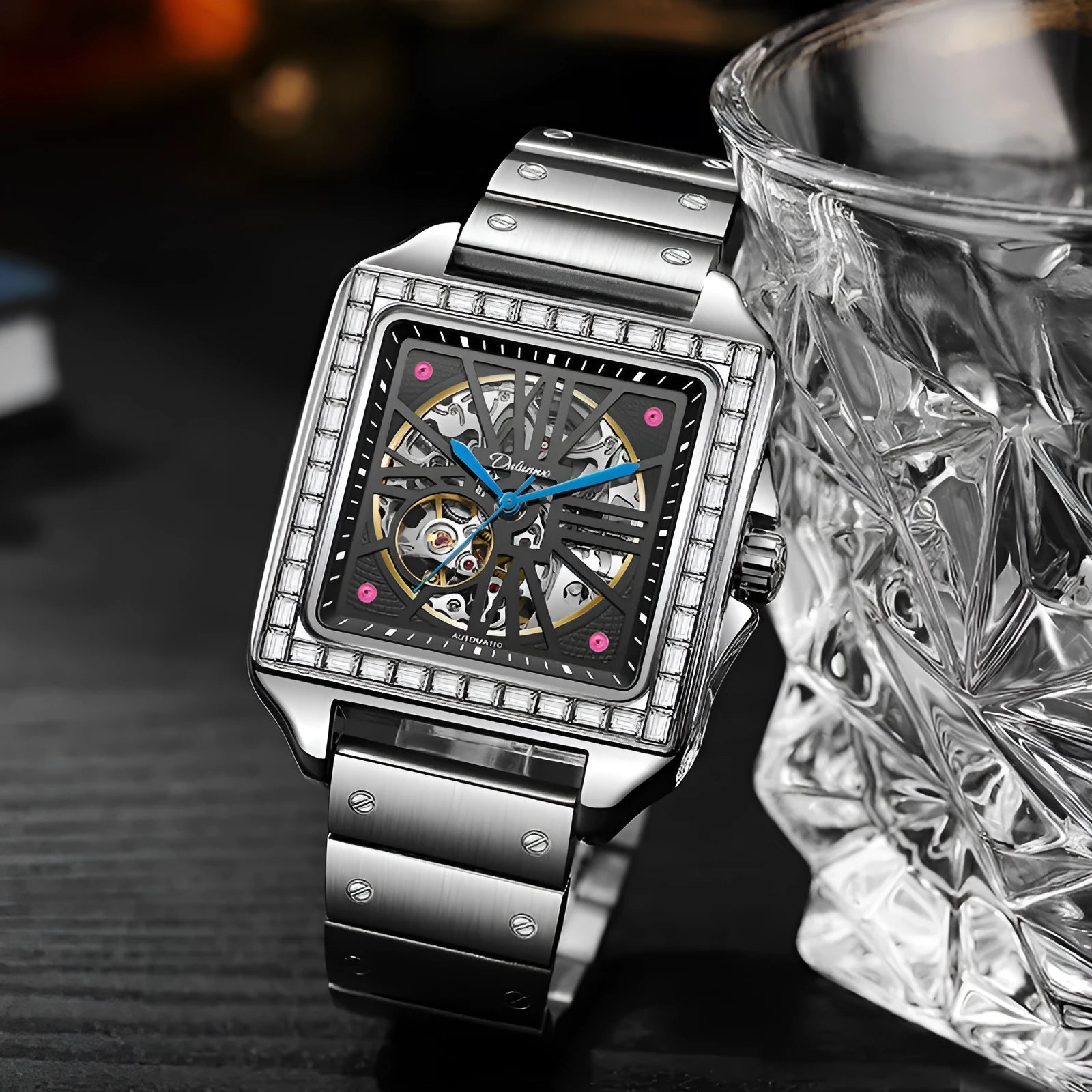 Square diamond-studded automatic men's watch with business style and stainless steel bracelet