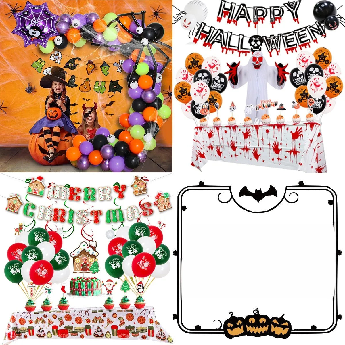 Halloween spider balloon arch with skull and pumpkin designs in black and white colours