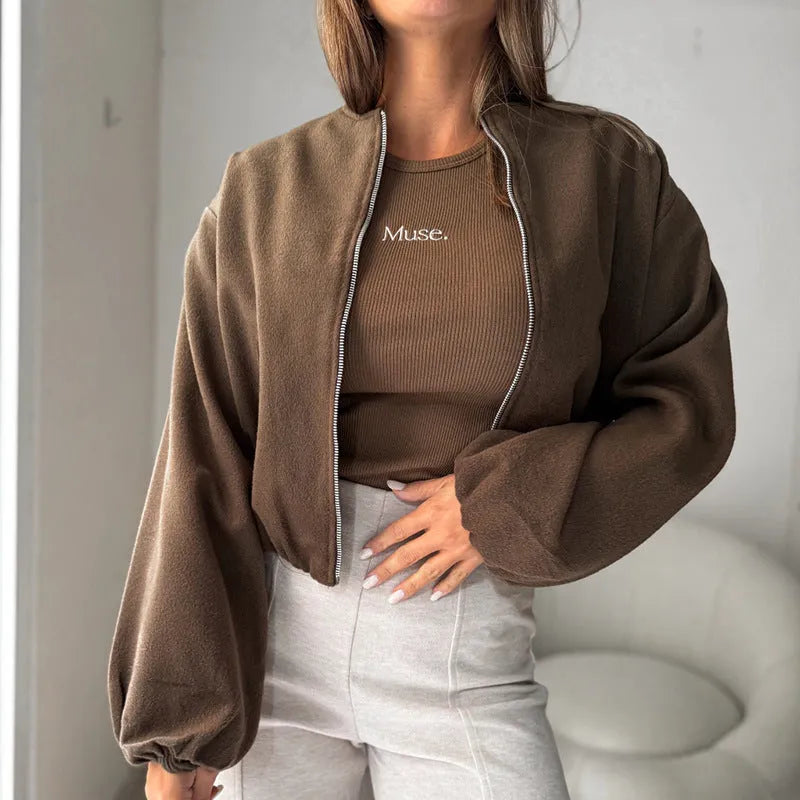 Women's off-shoulder short coat with lantern sleeves in polyester fabric, shown in Milky White colour