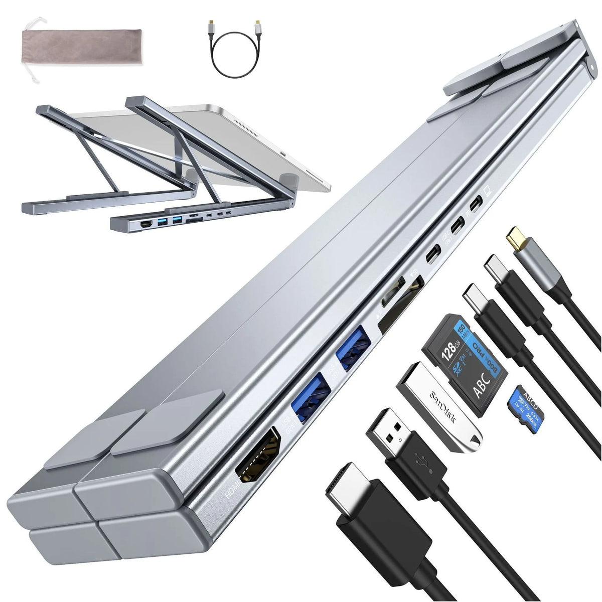 Aluminium alloy folding laptop stand with built-in 8-in-1 multi-interface HDMI docking hub.
